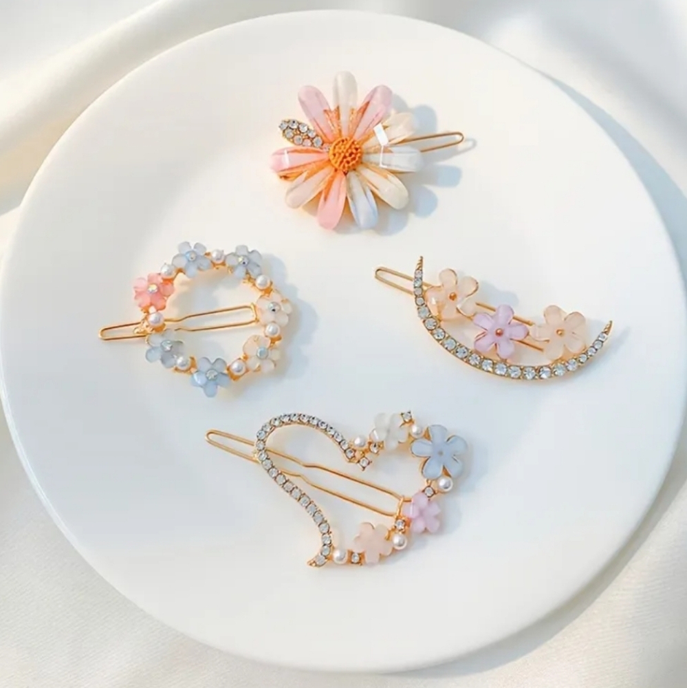 Floral and Pearl Hair Clips 4pc Set Rhinestone Accents